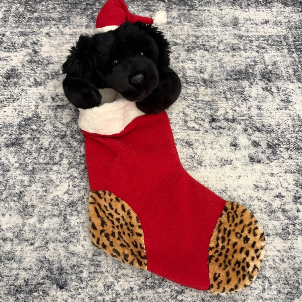 Russ Black Lab Puppy Dog 3D Plush Christmas Stocking Leopard Print Holiday Decor